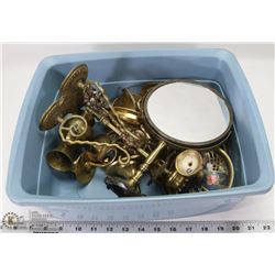 BIN OF BRASS NAPKIN RINGS, VANITY MIRROR, CANDLE