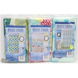 LOT OF 3 SHOWER CURTAINS W/ 12 HOOKS