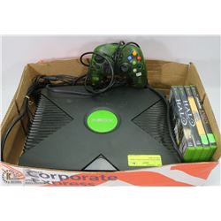 XBOX WITH CONTROLLERS, CORDS, AND 4 GAMES.