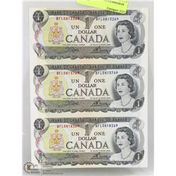 SHEET OF 3 UNCUT 1973 CANADIAN $1 BILLS.