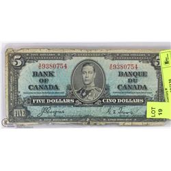 1937 CANADIAN $5 BILL.
