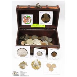 BOX WITH 2LBS WORLD COINS , MILITARY BADGES ETC.