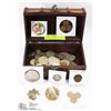 Image 1 : BOX WITH 2LBS WORLD COINS , MILITARY BADGES ETC.