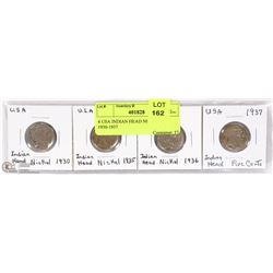 4 USA INDIAN HEAD NICKELS 1930-1937