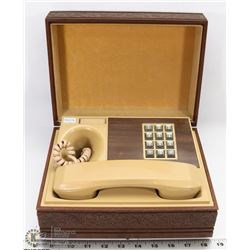 VINTAGE DECO-TEL PHONE IN DECORATIVE WOODEN BOX .