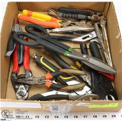BOX OF WRENCHES, PLIERS, SNIPS, VISE GRIPS, AND