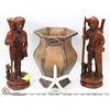 Image 1 : 2 WOOD CARVED ORNAMENTS WITH METAL PLANTER