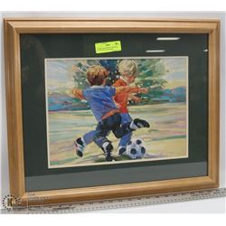 FRAMED MATTED PICTURE BOYS PLAYING SOCCER SIGNED