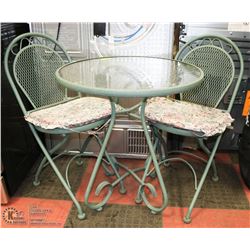 GREEN GLASS TOP BISTRO SET WITH 2 FOLDING CHAIRS &