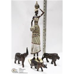 NATIVE LADY STATUE AND 3 WOOD ANIMALS - ELEPHANT,