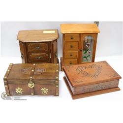 4 WOOD JEWELLERY BOXES.