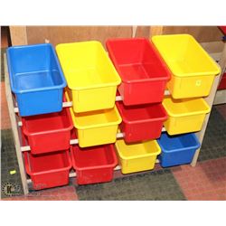12 PLASTIC STORAGE BINS WITH SHELF