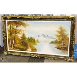 LARGE GOLD TONE FRAMED FOREST SCENE 55X32"
