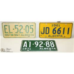 3 ALBERTA VINTAGE LICENSE PLATES 1961-67-71.