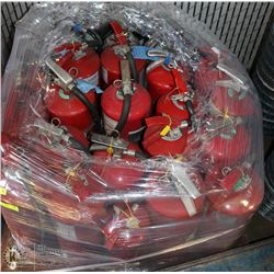 PALLET OF ASSORTED SIZED FIRE EXTINGUISHERS.