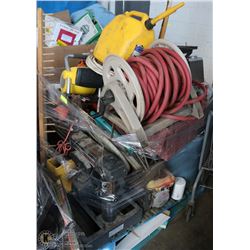 PALLET OF YARD TOOLS, ATV TIRES, SHOP SAW, STANLEY