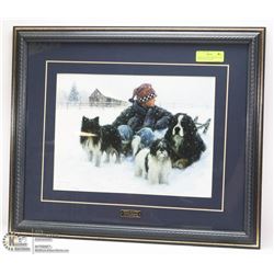 ROBERT DUNCAN FRAMED PICTURE - BOY & DOGS IN SNOW