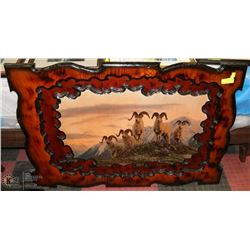 48"x32" LARGE BURNT WOOD CARVED FRAME SHEEP