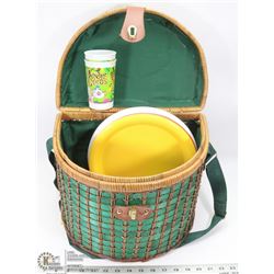 GREEN WICKER PICNIC BASKET WITH PICNIC CONTENTS