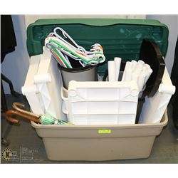LARGE STORAGE BIN WITH ASSORTMENT OF HOUSEHOLD