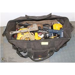 TOOL BAG WITH TOOLS, 18V BATTERIES, NAILER & MORE
