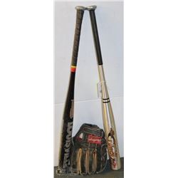 BOX OF 2 ALUMINUM BASEBALL BATS & RAWLINGS