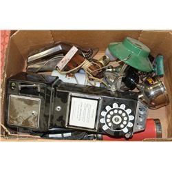BOX OF VINTAGE PHONES & LAMPS.