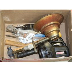 BOX OF TOOLS , PROPANE HEATER AND FLASHLIGHT