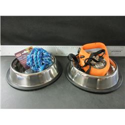 New Pet bundle / 2 Stainless steel Bowls non skid / Braided rope ball &