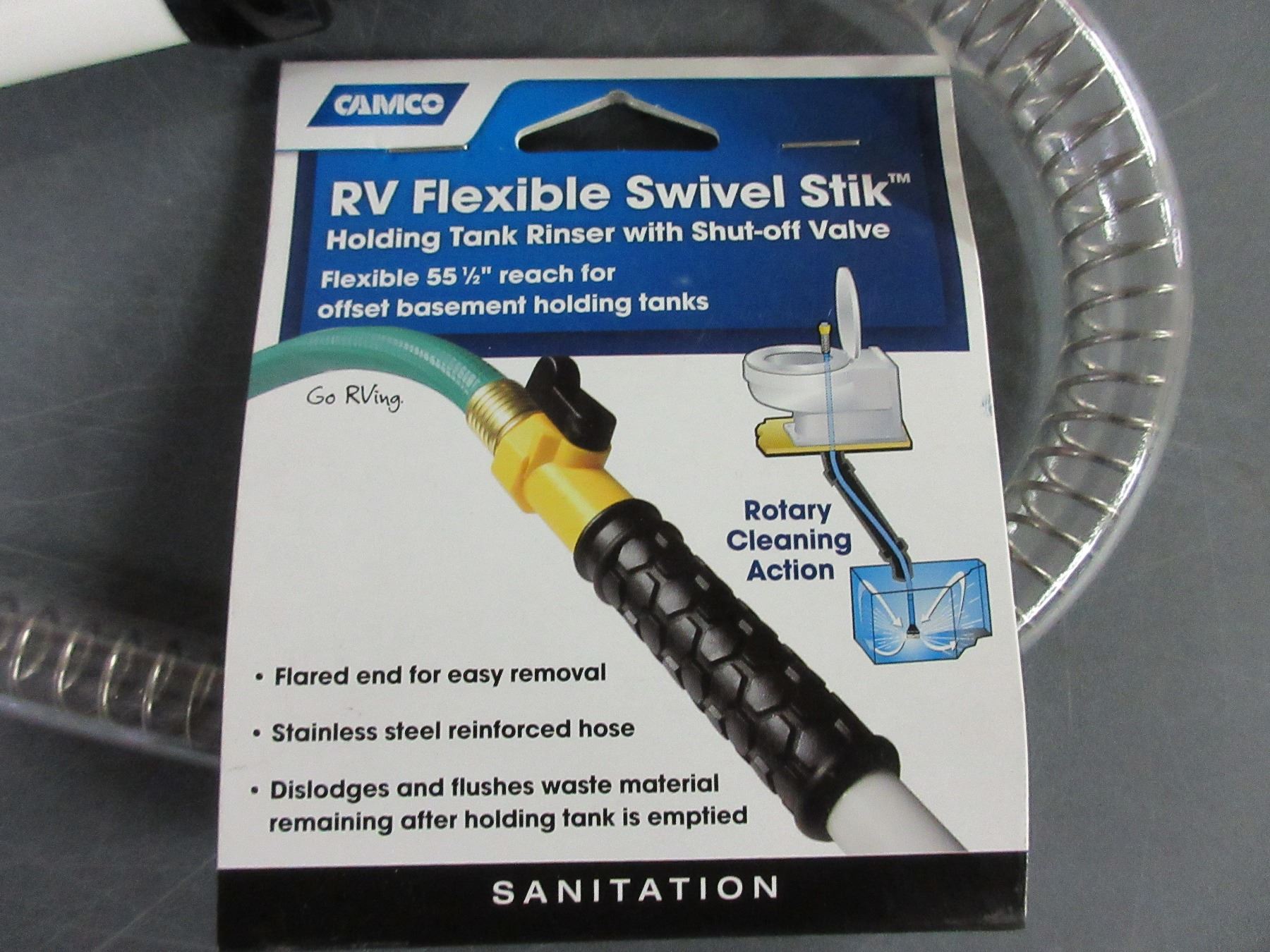 RV Flexible swivel stik for rinsing out RV toilets / has shut off valve