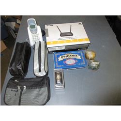 Bundle of assorted items / phone / d-link / Dominos / 3 pencil cases / watch