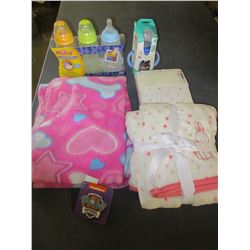 Bundle of New Baby Items / 2 blankets / crib sheet / 3 bottles / learner cup