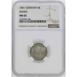 1841 Germany Baden 6 Kreuzer Coin NGC MS65