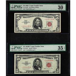 1953B $5 Legal Tender Not PMG VF35EPQ & 1963 $5 Legal Tender Note PMG VF30EPQ