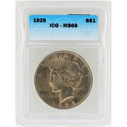 1925 $1 Peace Silver Dollar Coin ICG MS66