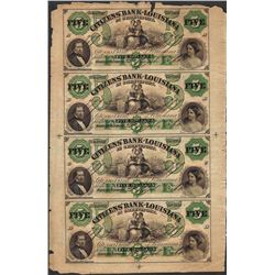 Uncut Sheet of 1800's $5 Citizens Bank of Louisiana Obsolete Notes