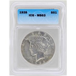 1928 $1 Peace Silver Dollar Coin ICG MS63