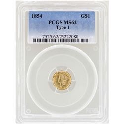 1854 $1 Type 1 Liberty Head Gold Dollar Coin PCGS MS62