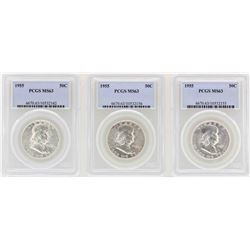 Lot of (3) 1955 Franklin Half Dollar Coins NGC MS63