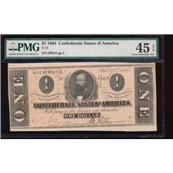 1864 $1 Confederate States of America Note PMG 45EPQ