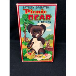 Vintage Battery Operated "Picnic Bear" It Drinks Tin Toy w/ Box Japan 1950's