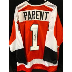 Bernie Parent Signed Flyers Jersey Inscribed  HOF 84  (JSA COA)