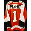 Image 1 : Bernie Parent Signed Flyers Jersey Inscribed "HOF 84" (JSA COA)