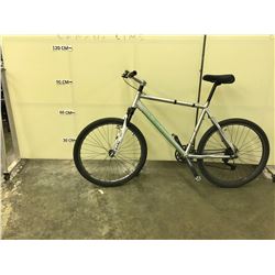 SILVER NO NAME FRONT SUSPENSION 18 SPEED MOUNTAIN BIKE, NO BRAKES