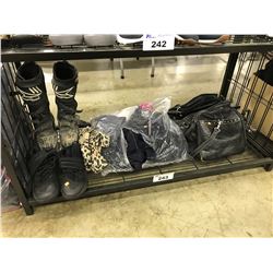 SHELF LOT OF ASSORTED SHOES, BAG & MOTORCYCLE BOOTS