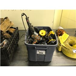 BIN OF ASSORTED POWER TOOLS, DRILLS, GRINDERS & MORE