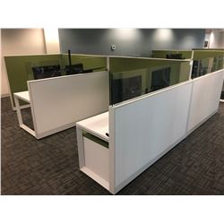 STEELCASE TURNSTONE 4 PERSON WHITE / GREEN OFFICE CUBICLE WITH GLASS PANEL DIVIDERS,