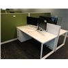 Image 2 : STEELCASE TURNSTONE 4 PERSON WHITE / GREEN OFFICE CUBICLE WITH GLASS PANEL DIVIDERS,