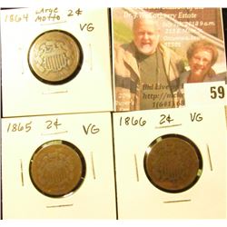 (3) Two Cent Pieces: 1864 large motto, 1865, & 1866. All VG.