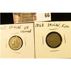 (2) Three Cent Nickels: 1867 VF cleaned & 1868 Fine.